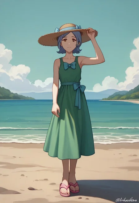 score_9, score_8_up, score_7_up BREAK viodg, 1girl, pastel indigo hair, cyan bow, brown eyes, green summer dress, pink sandals, summer hat, greeting at viewer, beautiful summer windy scenery, cowboy shot,
