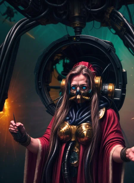 photo shooting style,hyperrealistic,absres,8k,wallpaper art,
warhammer 40k,(25 year old woman, alternate hair color absurdly long hair french braid, blue eyes ,sigh) (skull, tube, science fiction, mask, extra arms, hood, robe, glowing eyes, mechanical arms, steampunk, armor)),best quality,<lora:hairdetailer:0.2>,techpriest,<lora:techpriest:1.4>,
8k uhd,dslr,harsh lighting,high quality,film grain,Fujifilm XT3,highly detailed background,sharp focus,detailed,extremely detailed,extremely intricate,illuminated by electric sparks:1.2,cinematic lighting,((detailed scenery, intricate scenery, inside spaceship,sparks, cables),,,,,,<lora:EnhancedDetail:0.3>,,,,,,,,,,,<lora:detail_slider_v4:0.5>,,,,,,,,,,,<lora:add_detail:0.7>,,,,,,,,,,,<lora:bloodvessel:0.5>,,,,,,,,,,,<lora:more_details:1>,,,,,,,,,,,