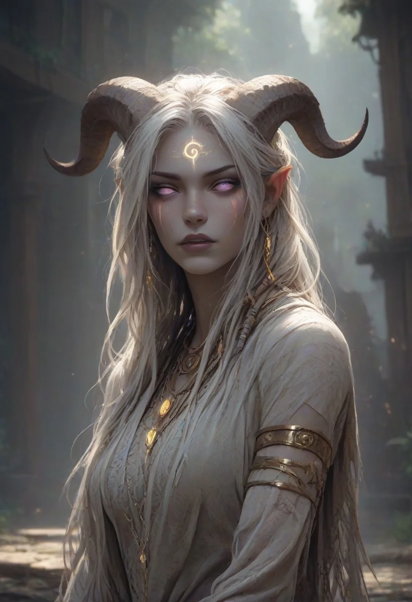 (absurdres, best quality, masterpiece:1.4), score_9, score_8_up, score_7_up, score_6_up, detailed, detailed body, detailed face, world of warcraft, fantasy, <lora:add-detail-xl:1.5>,
fFaceDetail, (female, draenei, h0rns, ram horns, white horns, tall, athletic arms, pale white skin, long white hair, purple eyes, no pupils, no sclera, long white tail, long fingers, purple fingernail polish), 
(long loose white dress, white silk scarf, tail under dress, simple armlet, small yellow gem pendant, small yellow gem earrings),
upper body, front view, looking at viewer, 
depth of field, outdoors, (fantasy faire, wooden village), (crowds in background, fantasy clothing, human, varied clothing)