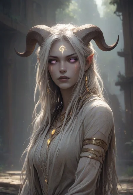 (absurdres, best quality, masterpiece:1.4), score_9, score_8_up, score_7_up, score_6_up, detailed, detailed body, detailed face, world of warcraft, fantasy, <lora:add-detail-xl:1.5>,
fFaceDetail, (female, draenei, h0rns, ram horns, white horns, tall, athletic arms, pale white skin, long white hair, purple eyes, no pupils, no sclera, long white tail, long fingers, purple fingernail polish),
(long loose white dress, white silk scarf, tail under dress, simple armlet, small yellow gem pendant, small yellow gem earrings),
upper body, front view, looking at viewer,
depth of field, outdoors, (fantasy faire, wooden village), (crowds in background, fantasy clothing, human, varied clothing)