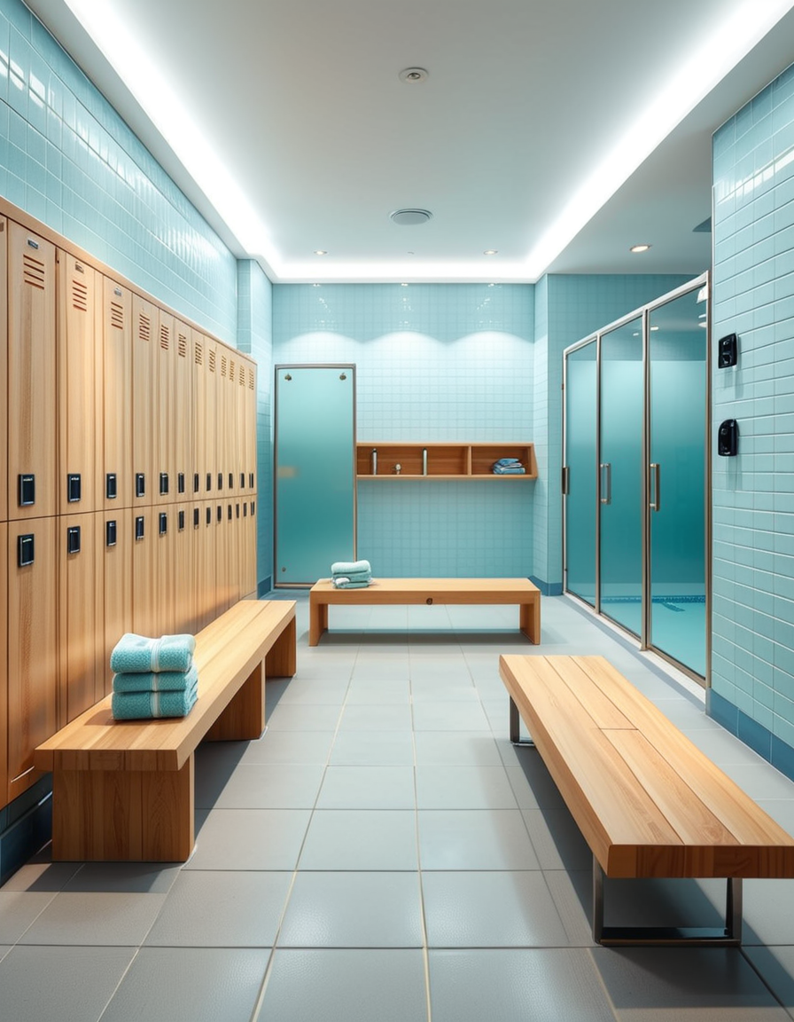 A realistic photograph of a modern swimming pool changing room, featuring clean, sleek design with white tiled walls and light blue accents. Rows of wooden benches with metal frames are neatly aligned in the center of the room. On the sides, there are individual lockers with glossy pastel-colored doors (light blue, mint green, and pale yellow), each with small number labels. Hooks are mounted on the walls, some holding neatly folded towels. The floor is made of non-slip gray tiles, slightly wet, reflecting the soft overhead LED lighting. The atmosphere is fresh and inviting, with a subtle fog from the pool area beyond a frosted glass door at the back. To the left side of the room, a large mirror spans the wall above a counter with built-in sinks, chrome faucets, and a few small bottles of hand soap. A subtle reflection of the interior is visible in the mirror. No people are present in the room. The lighting is bright but natural, as if itâs daytime with soft sunlight filtering through small high windows. The mood is calm, clean, and welcoming, captured with a high-resolution camera in photorealistic style. 
<lora:SDXLFaeTastic2400:0.4> <lora:extremely_detailed:0.4> extremely detailed,<lora:swimming_pool_ch4ng1ng_r00m:1>,swimming pool ch4ng1ng r00m, Masterpiece,best quality,hi res,8k,hi res,8k,award winning,(sharp focus, intricate, highly detailed),