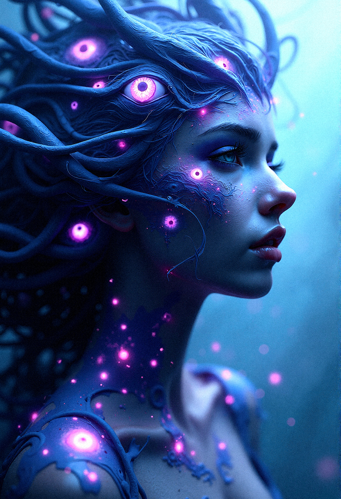 an ultra-realistic depiction of a mystical entity with long, flowing hair-like tendrils embedded with numerous eyes glowing in shades of blue, purple, and pink. Her own eyes, large and reflective, should mirror the colors of the embedded eyes, and her facial expression should convey a serene, cosmic awareness. The tendrils should have a smooth, flowing texture, with seamless color transitions that create a wave-like movement around her face and shoulders. Each eye should be photorealistically detailed, with soft light reflections that enhance the eerie yet captivating quality of the image. The background should be a subtle gradient, giving the impression that she is suspended in a dreamlike, infinite space. Shadows and highlights should be used to add depth and enhance the surreal, otherworldly atmosphere.
Subtle water ripple patterns that softly distort parts of the background, adding movement.


