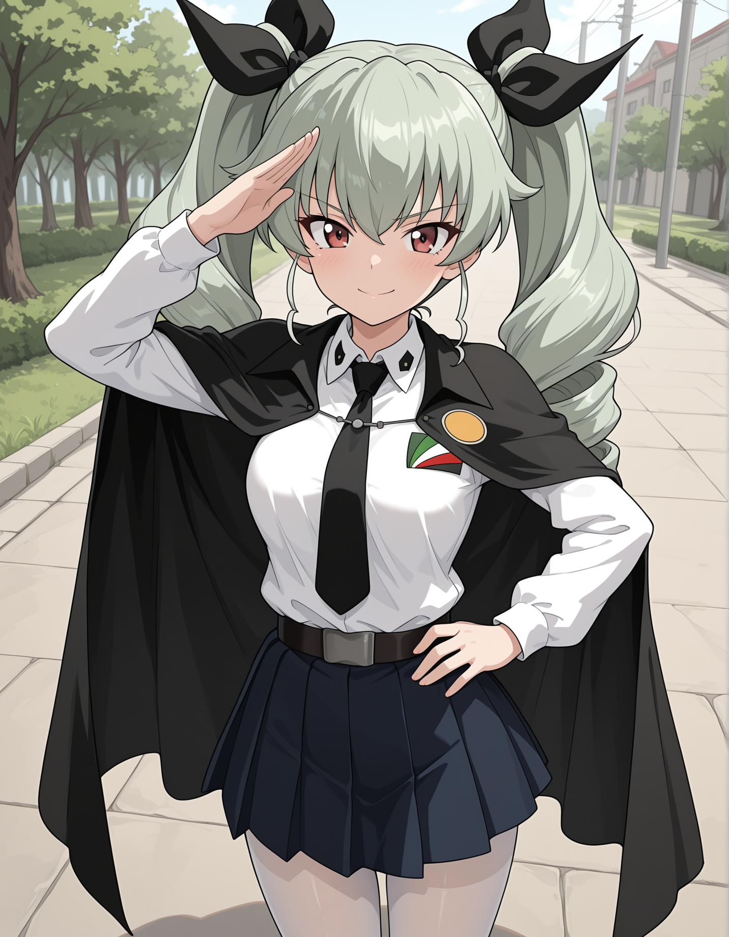 masterpiece, best quality, absurdres, highres,    <lora:anchovy illu:0.9> anchovyillu, black necktie, dress shirt, belt, anzio school uniform, pleated skirt, black cape, pantyhose, emblem,  standing, salute, outside