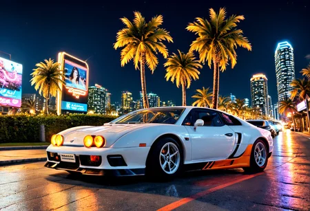((ClassicSportsCar )), 80´s sport car,  gleaming orange DeTomaso Mangusta, palm trees, seaside, cityscape, night, neon lights, 4K, highly detailed, (((stylish grainy analog 35mm film photo))), ClassicSportsCar