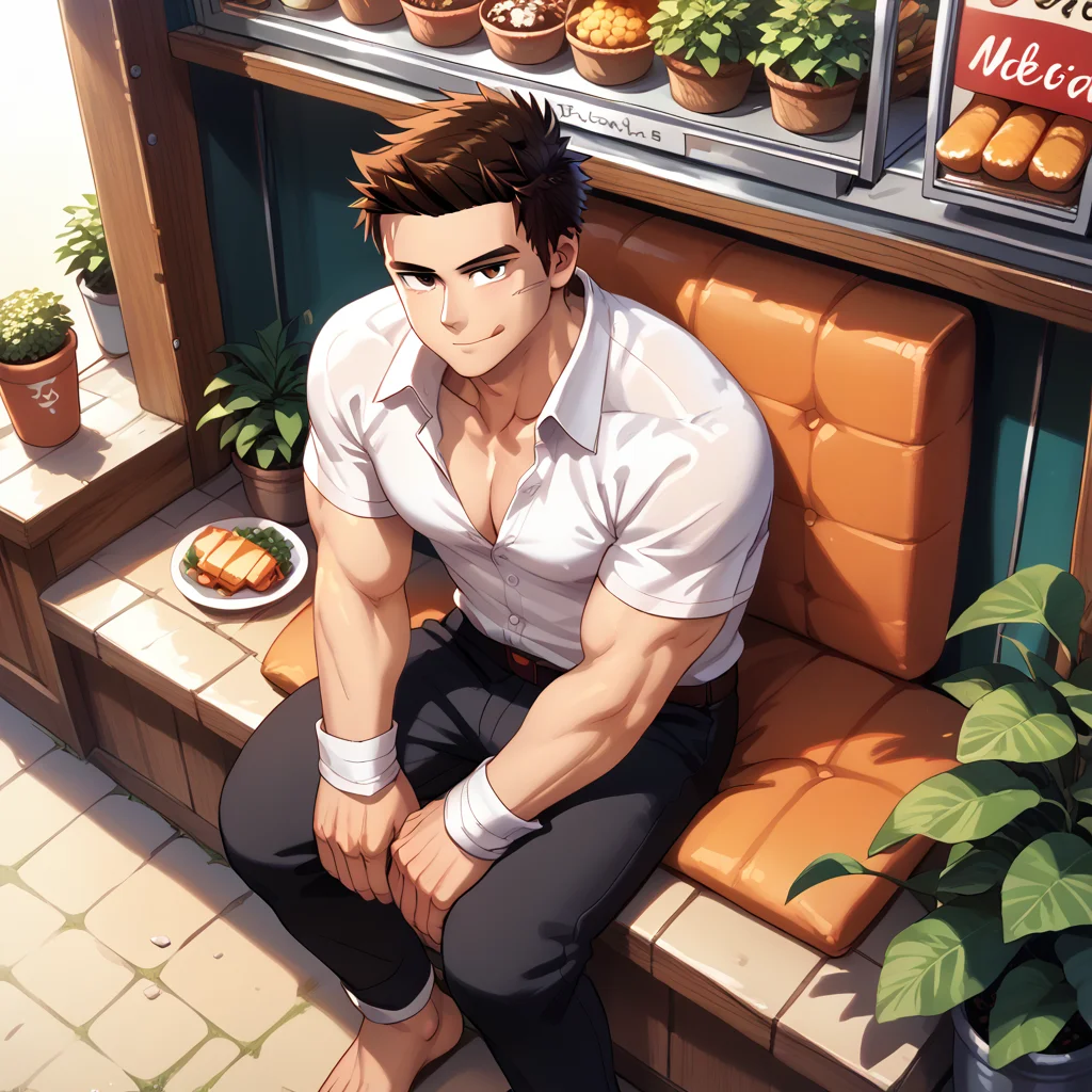 score_9, score_8_up, score_7_up, source_anime, masterpiece, best quality <lora:raeyr:1>raeyr, 1boy, oldraeyr, short sideburns hair, muscular, , from above, Sitting with hands on ankles, expressionless, half-closed eyes, tongue out, closed mouth, seductive smile,, at a cafe,,