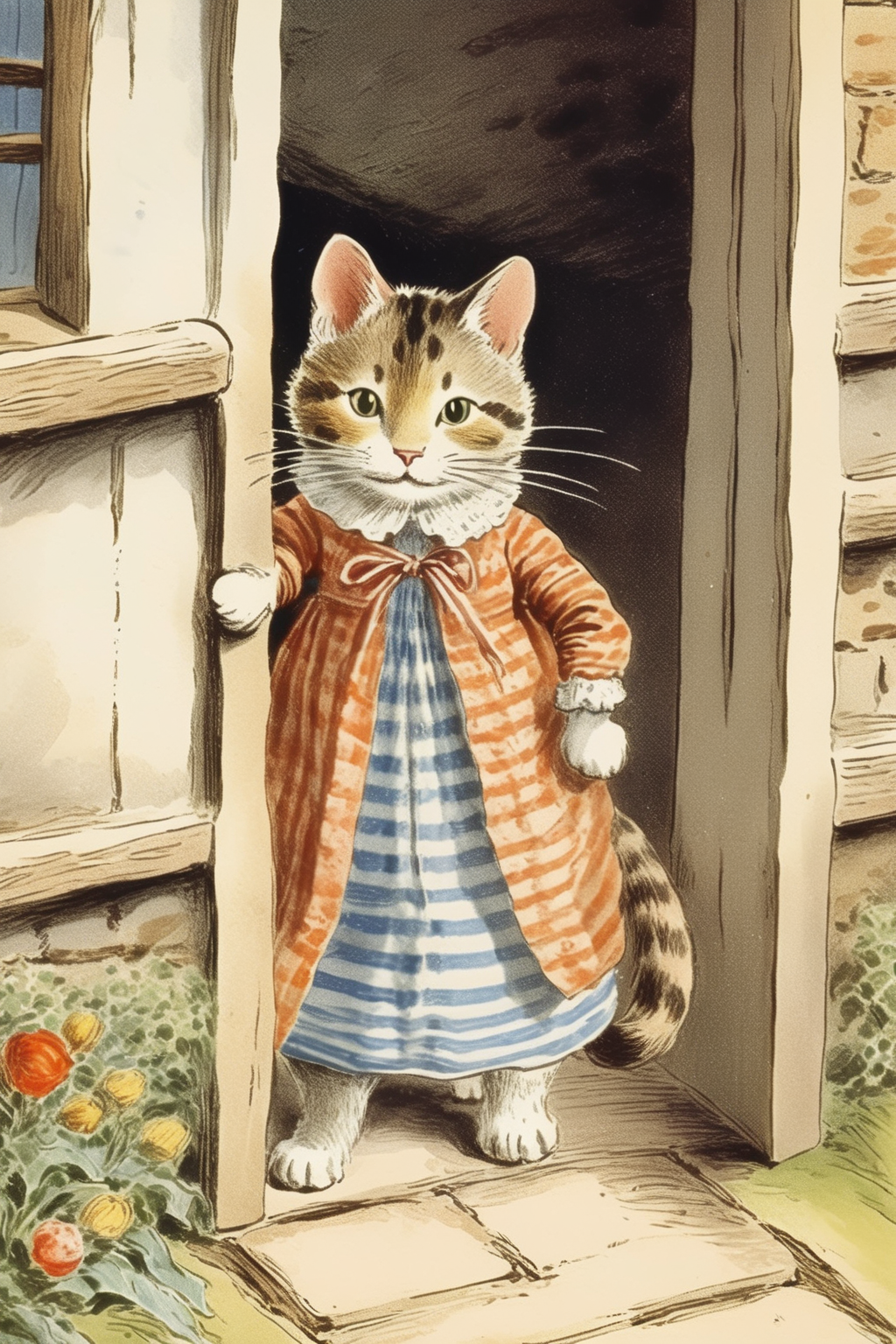 <lora:Randolph Caldecott Style:1>Randolph Caldecott Style - vintage illustration Beatrix Potter style of a cat in a dress and bonnet, walking through a cottage door
