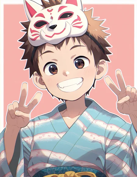 score_9, score_8_up, score_7_up, score_6_up, source_anime, pink background, white border, white outline, 1boy, solo, brown hair, young, smile, japanese clothes, yukata, smiling, upper body, mask on top of head, peace sign <lora:a6_AMXL_v1g-ShoAI:1>