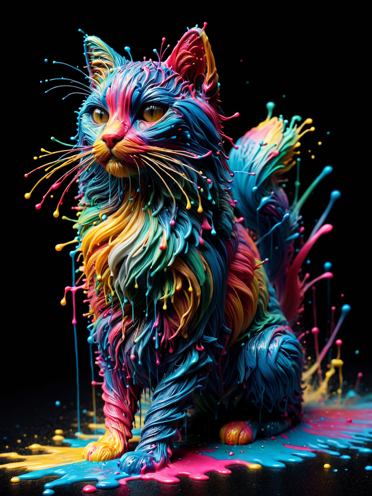 cat made of mad-thrdpnt, colorful paint splashing, outrun,  <lora:3D_Paint_SDXL:0.8>, raw photo, film grain, Fujifilm XT3, (photorealistic, realistic:1.2), deep shadow,  8k, uhd, dslr, ultra high res