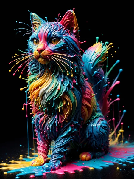cat made of mad-thrdpnt, colorful paint splashing, outrun,  <lora:3D_Paint_SDXL:0.8>, raw photo, film grain, Fujifilm XT3, (photorealistic, realistic:1.2), deep shadow,  8k, uhd, dslr, ultra high res