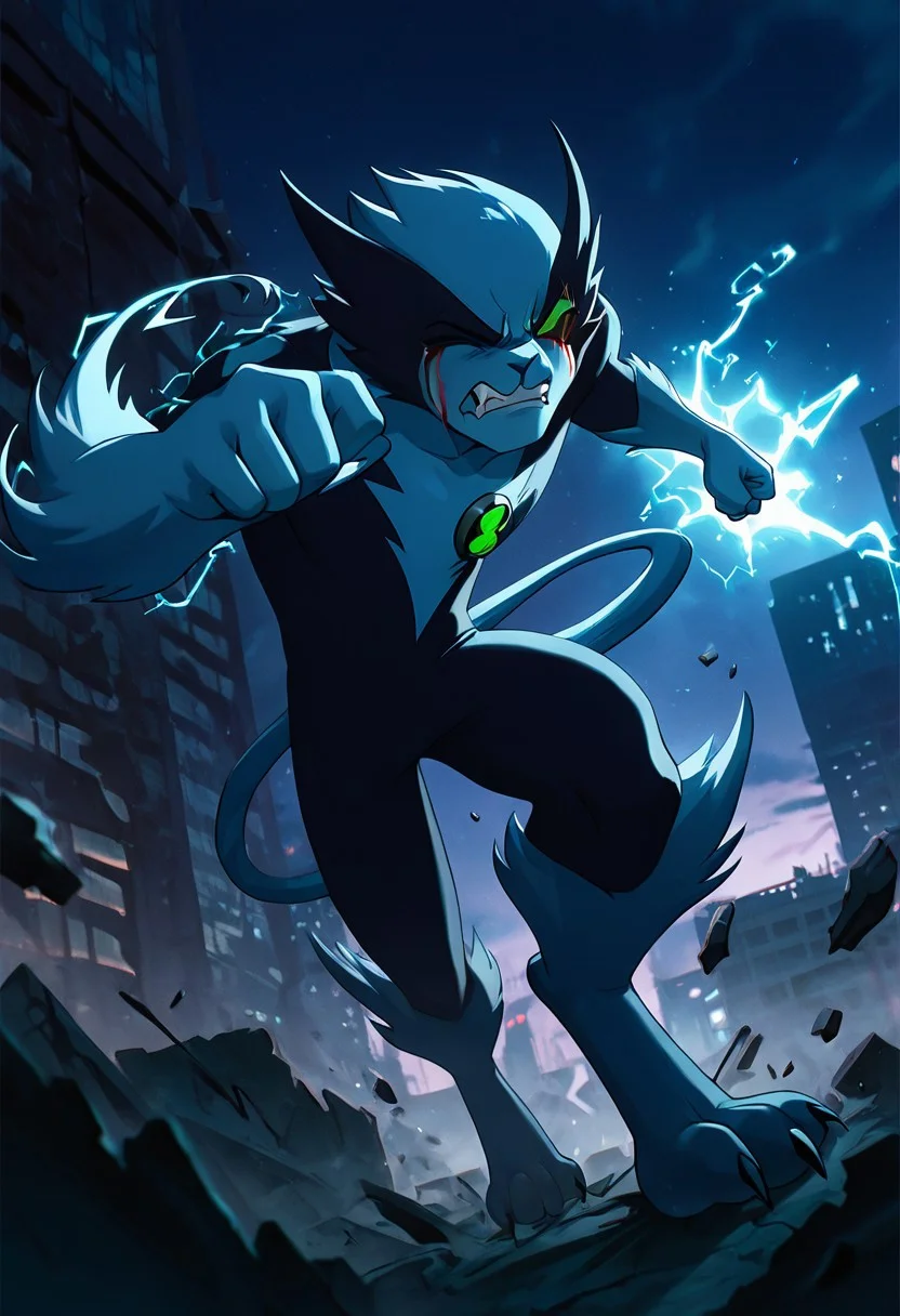 masterpiece, best quality, amazing quality, very aesthetic, absurdres, newest,, detailed background,
fastrack, solo, blue skin, green eyes, claws, green badge, fang,, feline tail, wide jaw, masculine, blue chest, digitigrade legs,
angry, destroyed city, electric punch, incoming punch, one eye closed, bleeding from eye, bleeding from nose, night city, movie scene, cinematic, foreground blur, angry, rage, clenched teeth, electricity,