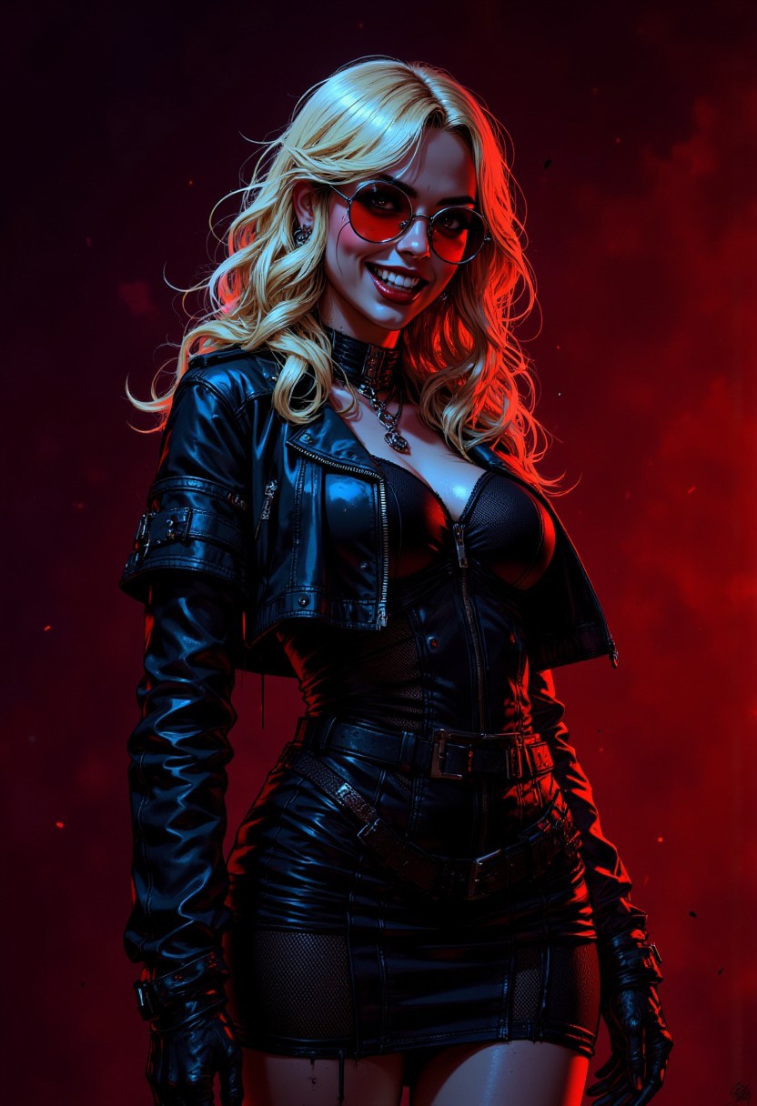 petite, human vampire, fangs, mesh dress, leather jacket, vampire fangs, long wavy blonde hair, round red mirrored sunglasses, evil, seductive, punk, powerful, night time, darkness, dim light, choker, dark make up, beautiful face, simple background, red background, noir style high contrast two color lighting, neon red directional light, blue contrast light, <lora:FluxF4ngs:0.6> fangs, evil grin