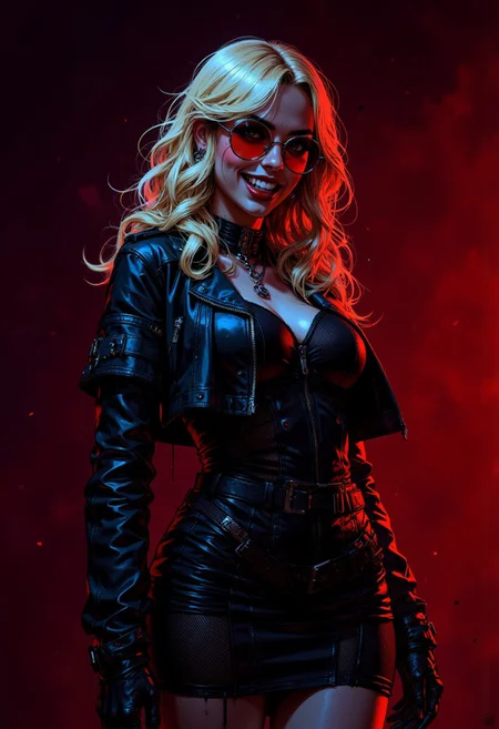 petite, human vampire, fangs, mesh dress, leather jacket, vampire fangs, long wavy blonde hair, round red mirrored sunglasses, evil, seductive, punk, powerful, night time, darkness, dim light, choker, dark make up, beautiful face, simple background, red background, noir style high contrast two color lighting, neon red directional light, blue contrast light, <lora:FluxF4ngs:0.6> fangs, evil grin