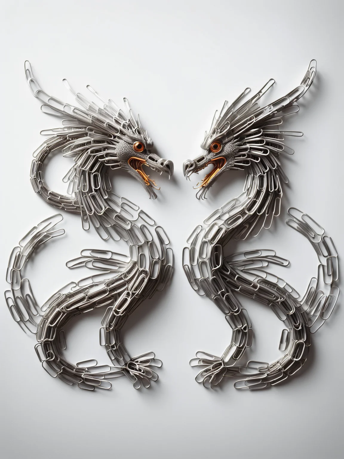 A dragon and a phoenix facing each other, each intricately designed from ais-paperclips <lora:Paperclips_Style_SDXL:1>.