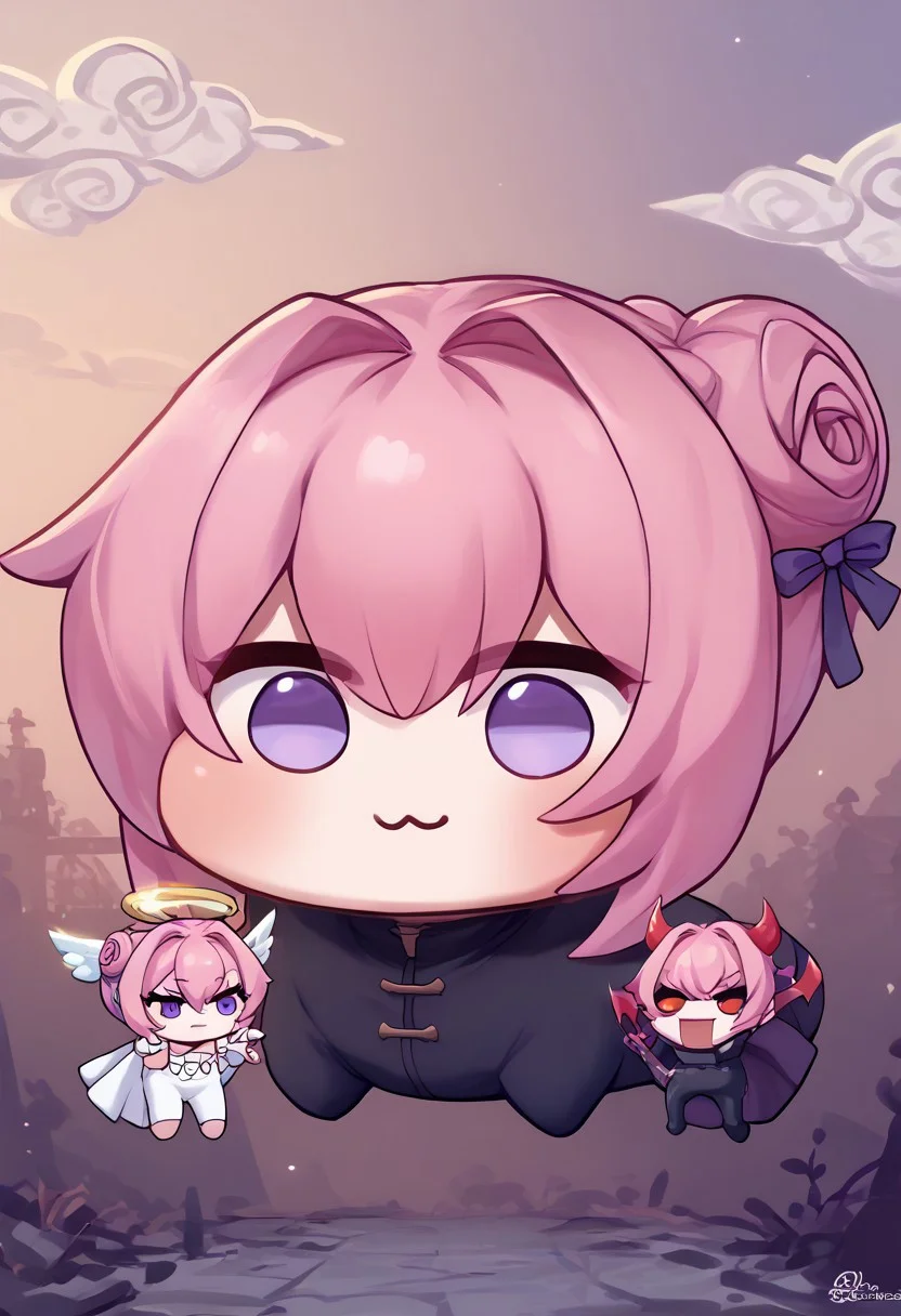 zPDXL2, score_9_up, score_8_up, score_7_up, (Anime_source), high detail face, best quality, absurd res, doros, creatures, :3, chibi, pink hair, purple eyes, hair bun, hair bow, no humans, white skin, solid, circle eyes, no pupils, four legs, (angel and devil, shoulder demon, shoulder angel, size difference, multiple persona, mini person)