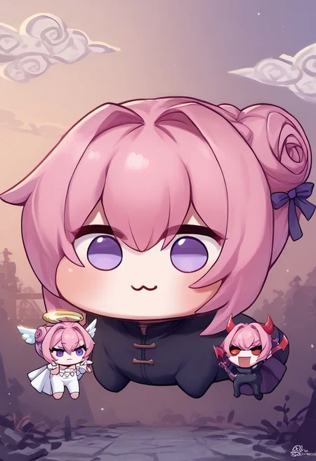 zPDXL2, score_9_up, score_8_up, score_7_up, (Anime_source), high detail face, best quality, absurd res, doros, creatures, :3, chibi, pink hair, purple eyes, hair bun, hair bow, no humans, white skin, solid, circle eyes, no pupils, four legs, (angel and devil, shoulder demon, shoulder angel, size difference, multiple persona, mini person)