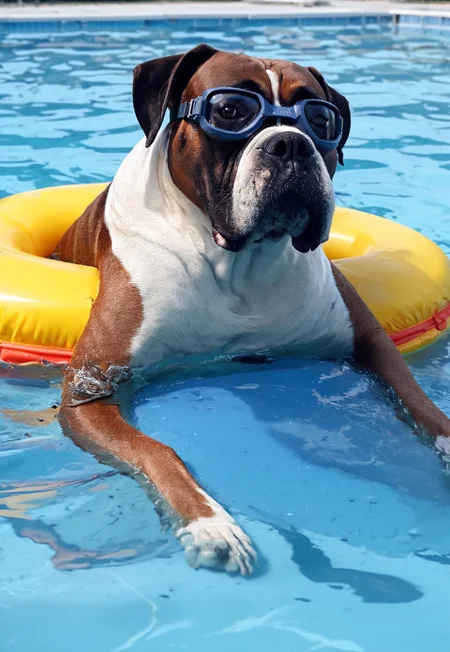 score_9, score_8_up, score_7_up, score_6_up, score_5_up, score_4_up, source_real, source_photo, 1dog, mack, dog, swimming, floaties on arms, pool noodle, swimming goggles, <lora:guard_dogs_pxl:1>