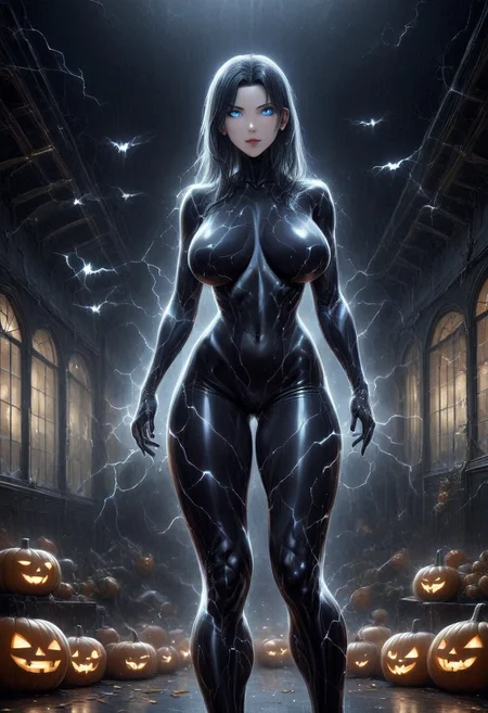 sexy female, milf, score_9, score_8_up, score_7_up, score_6_up, score_5_up, score_4_up, UHD, 8K, masterpiece, detailed, ultra_high_resolution, lots of detail, OverallDetailXL, detailxl, regalres, Masterpiece, 32k, photorealistic:1.4, score_9, score_8_up, score_7_up, Caitlin, HANDS BEHIND THE HEAD, HANDS HIDDEN, small waist, fitness body, toned muscles, wide hips, slender legs, high cheekbones, oval face, 32 years old, mature female, milf, makeup, curvy, large breasts, pretty face, SUPERMODEL, HUGE BREASTS, jewelry, labcoat, solo, lillybunz, skin tone style, realistic skin, only illuminated by the setting sun, golden glow, sunset, large window,colorful autumn trees outside, indoors, decorated atrium, school, school hall, many different Halloween decorations, These decorations are at least , jack-o'-lantern, pumpkin lantern, spiderweb, skull, devil head, skeleton, ghosts, large fake spider, bat, bats, supermodel, seductive smile, sultry, serious stare, stern look, close-up, bend forward, natural skin, long hair, massive breasts, sexy posture, belt, white skirt, short skirt, blue eyes, blue sash, decorations, horror scene, horror scene, dark, glowing eyes, mad-lgthng, lightning.