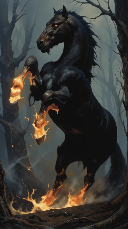 A hyper-realistic close-up of a nightmare horse in a powerful, rearing stance, its front hooves raised high, kicking through the air with intensity. The horseâs sleek, jet-black coat gleams in the faint light, and its long, dark mane flows wildly with the movement. Its fiery red eyes burn with fierce determination, adding to the creature's menacing aura. Surrounding its hooves, roaring flames wrap around all four legs, especially erupting as its front hooves tear through the air, sending embers and sparks scattering. The flames glow intensely, lighting up the surrounding mist and casting dynamic, flickering shadows across the dark forest. The horse's muscles ripple with energy and power as it strikes an imposing figure, with the fire and motion making the scene feel both chaotic and controlled. The overall composition draws the viewer's eye to the sharp contrast between the dark, sleek form of the horse and the blazing fire that engulfs its hooves, emphasizing the sense of movement and danger.
<lora:dark_fantasy_flux:0.7> <lora:detailed:0.6> <lora:sxz-Dark-Fantasy-v2-Flux:0.7> <lora:frazetta_flux_v2:0.6> <lora:Dark_Landscapes:0.6> <lora:ILLUSTRATION_2_FLUX:0.6>