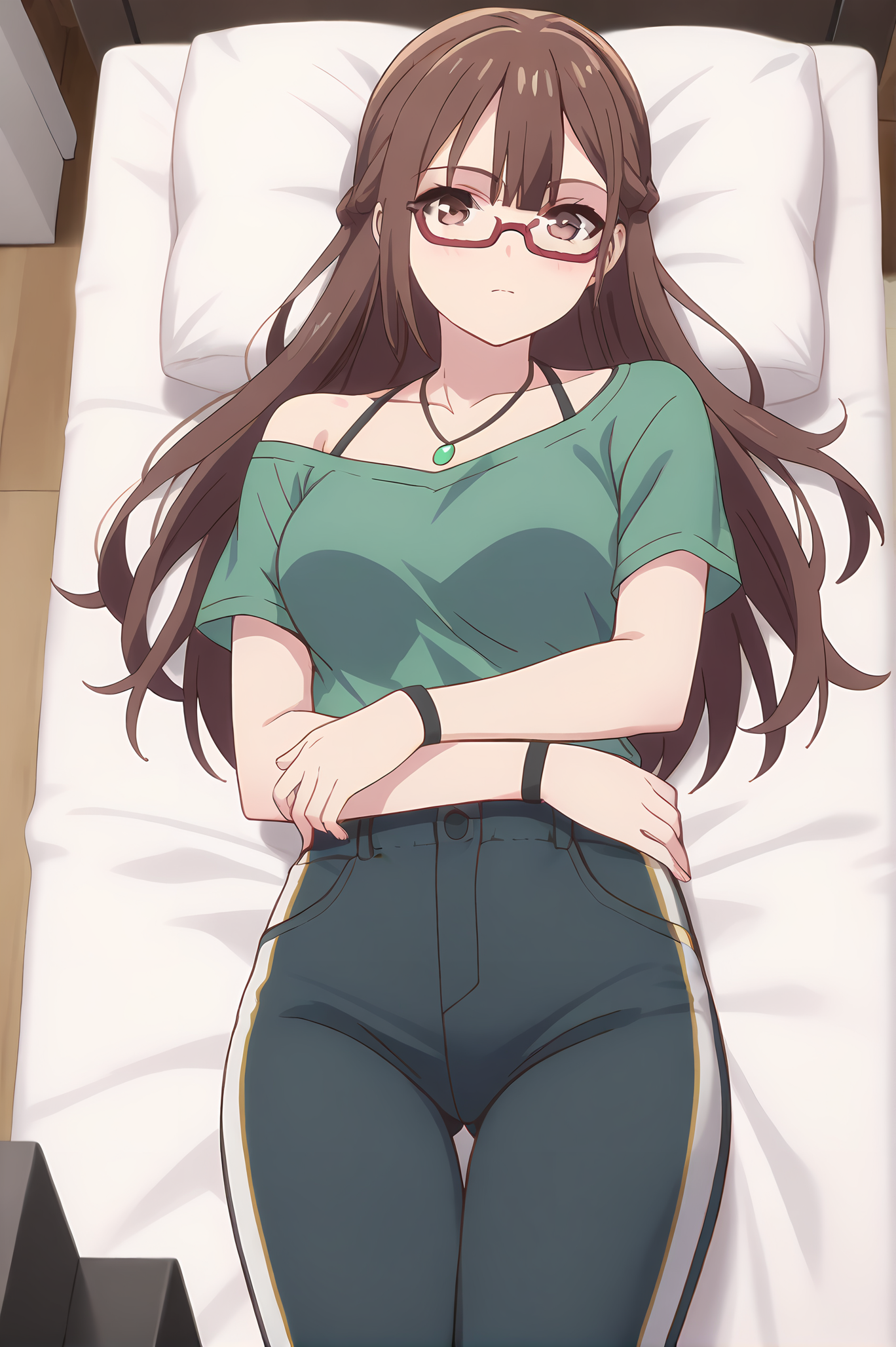 (green shirt two-tone shirt pants:1.30), gg-miranda, necklace, brown hair, brown eyes, red glasses, medium breasts, 1girl, solo, skinny, score_9, score_8_up, score_8, score_7_up, score_7, score_6_up, score_6, score_5_up, score_5, source_anime, blush, bedroom, (lying:1.20), (3koma:1.20), , <lora:gg-miranda-V01-000003:0.90>