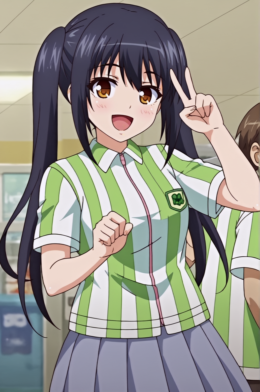 score_9, score_8_up, score_7_up,anime_source, source_anime, best background, detailed background, anime screencap,  Yui, 1girl, employee uniform, shirt, happy, blush, striped clothes, striped shirt, uniform, vertical-striped clothes, vertical-striped shirt, skirt, victory fingers, victory pose,  indoors,  <lora:JN_Yui_Nakaizumi:0.8>