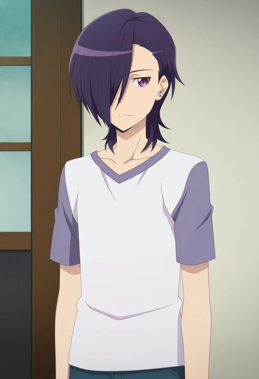 masterpiece, best quality, intricate details, anime screencap, anime coloring, official style,, 1boy, solo, male focus, <lora:hanzou_urushihara_ilxl:0.98>, hanzou_urushihara, purple hair, purple eyes, hair over one eye, short hair, , white shirt, raglan sleeves,