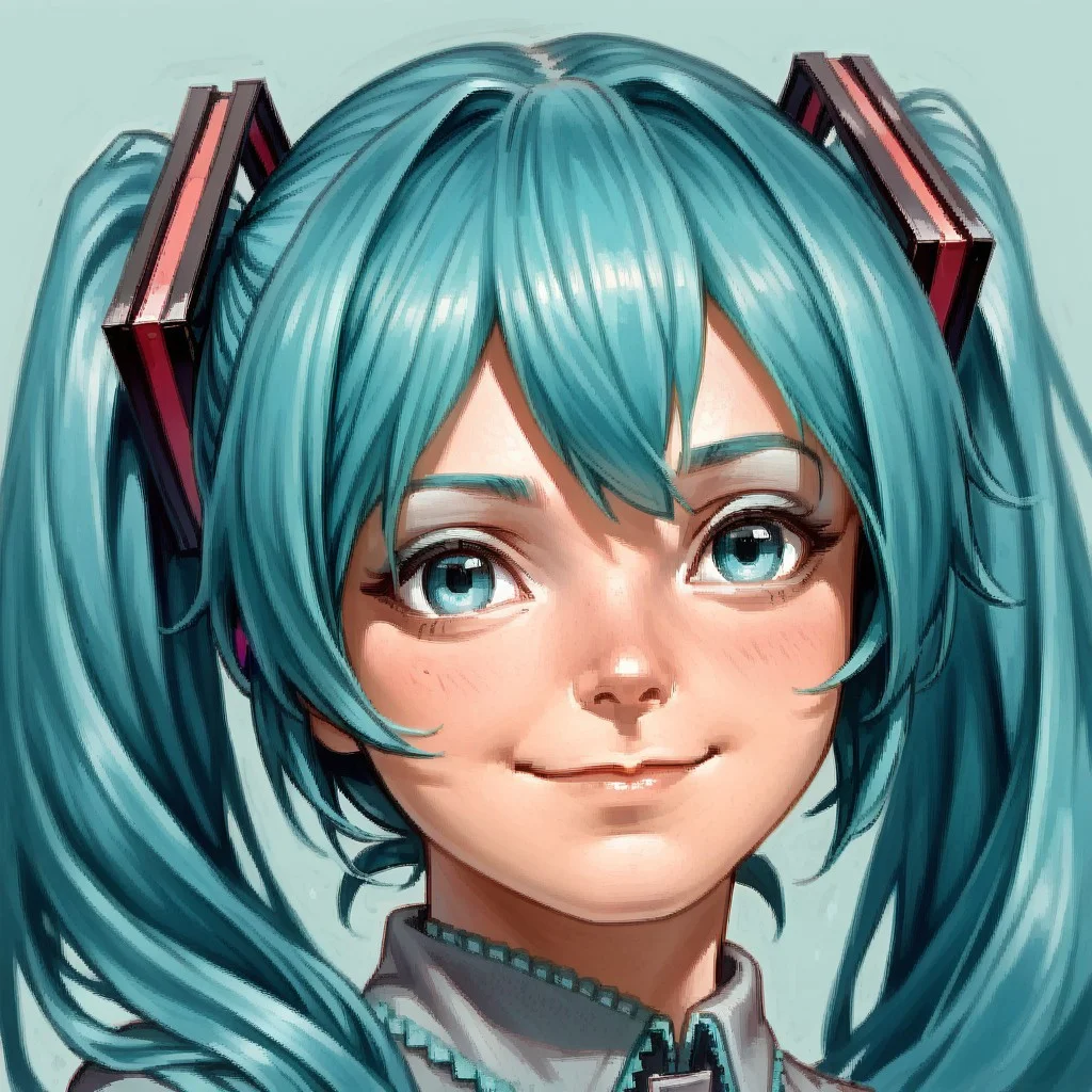 score_8, score_8_up, score_7_up, arcanum_portrait, portrait, traditional media, solo, simple background, 1girl, solo, female focus, hatsune miku, aqua hair, aqua eyes, twintails,smile, closed mouth,