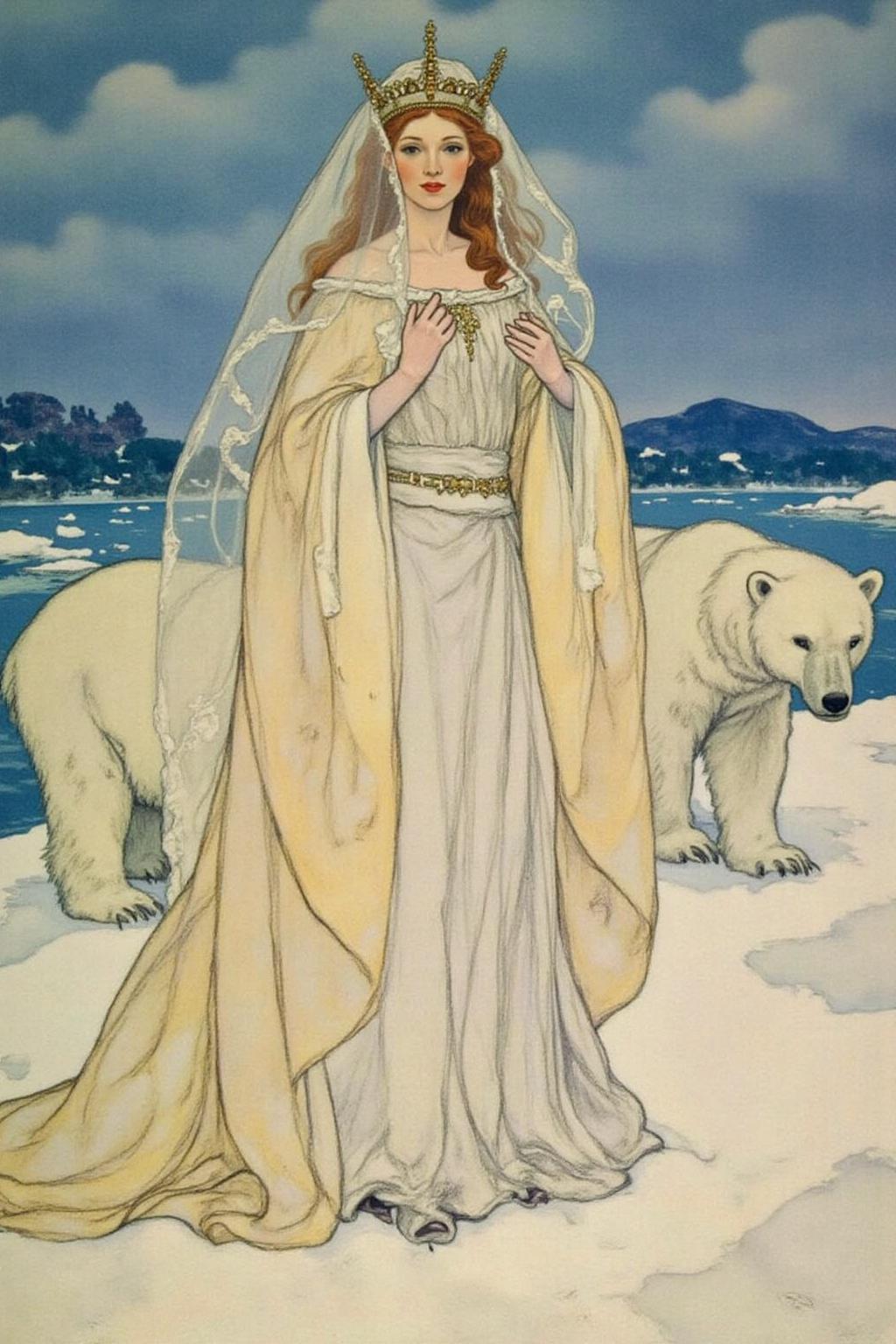 shippengreen1 illustration.ivanbilibin1 illustration.
dulac1. 
A Snow Queen with an ethereal appearance. She is dressed in a flowing, long white gown that seems to shimmer, possibly made of a translucent fabric or lace, giving it a delicate, ethereal quality. Her hair and face are obscured by a delicate, sheer veil that extends to the ground, adding to her otherworldly aura.
There are two polar bears walking alonside her. <lora:shippengreen1_cap_d6a3:1.0><lora:837367023542498990:0>