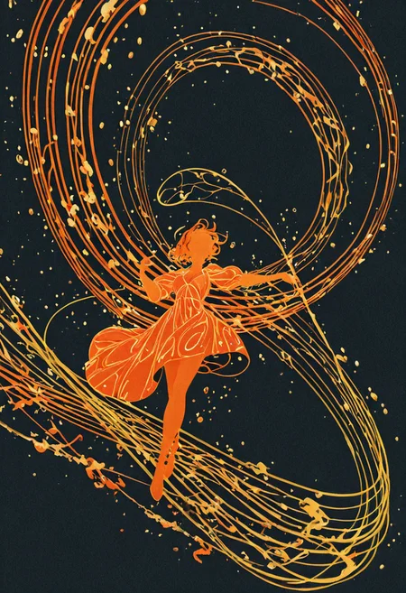 1girl, fantastical dress, floating, underwater, making music, inverted background, (flat lighting, flat color, flat design, no lineart:1), spot color, triadic colors, film grain, local color adaption, neon, pearlescent, masterpiece, best quality, amazing quality, very aesthetic, absurdres, newest,