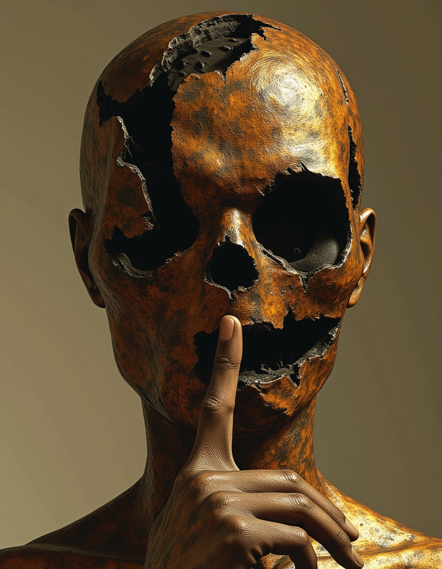 This sculpture masterfully combines elements of surrealism and realism to convey a sense of silence, secrecy, and introspection. The fragmented head, aged texture, and subtle lighting all work together to create a mysterious, thought-provoking piece that invites contemplation about the nature of speech, identity, and the unspoken. The warm earthy tones and weathered finish add to the timeless quality of the artwork.