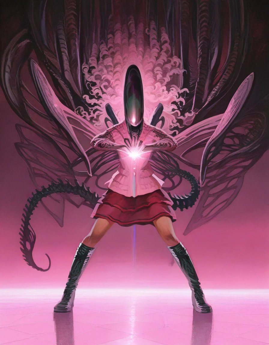 masterpiece, best quality, absurdres, highres, general, 1other, solo, xenomorph, magical-xenomorph, pink-theme, curly-hair, skirt, knee-boots, henshin-pose, nazaruk