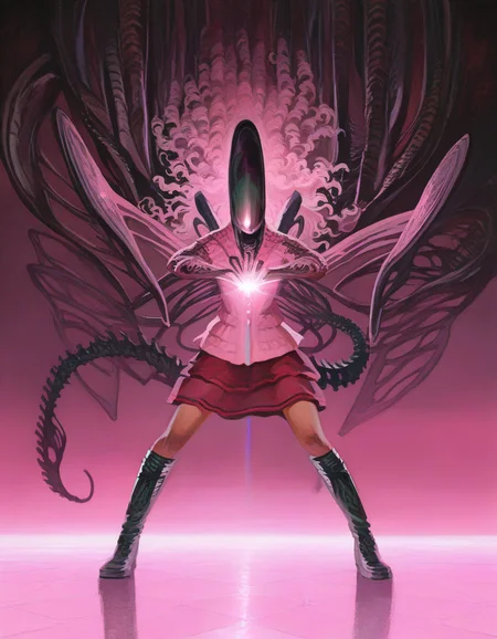 masterpiece, best quality, absurdres, highres, general, 1other, solo, xenomorph, magical-xenomorph, pink-theme, curly-hair, skirt, knee-boots, henshin-pose, nazaruk