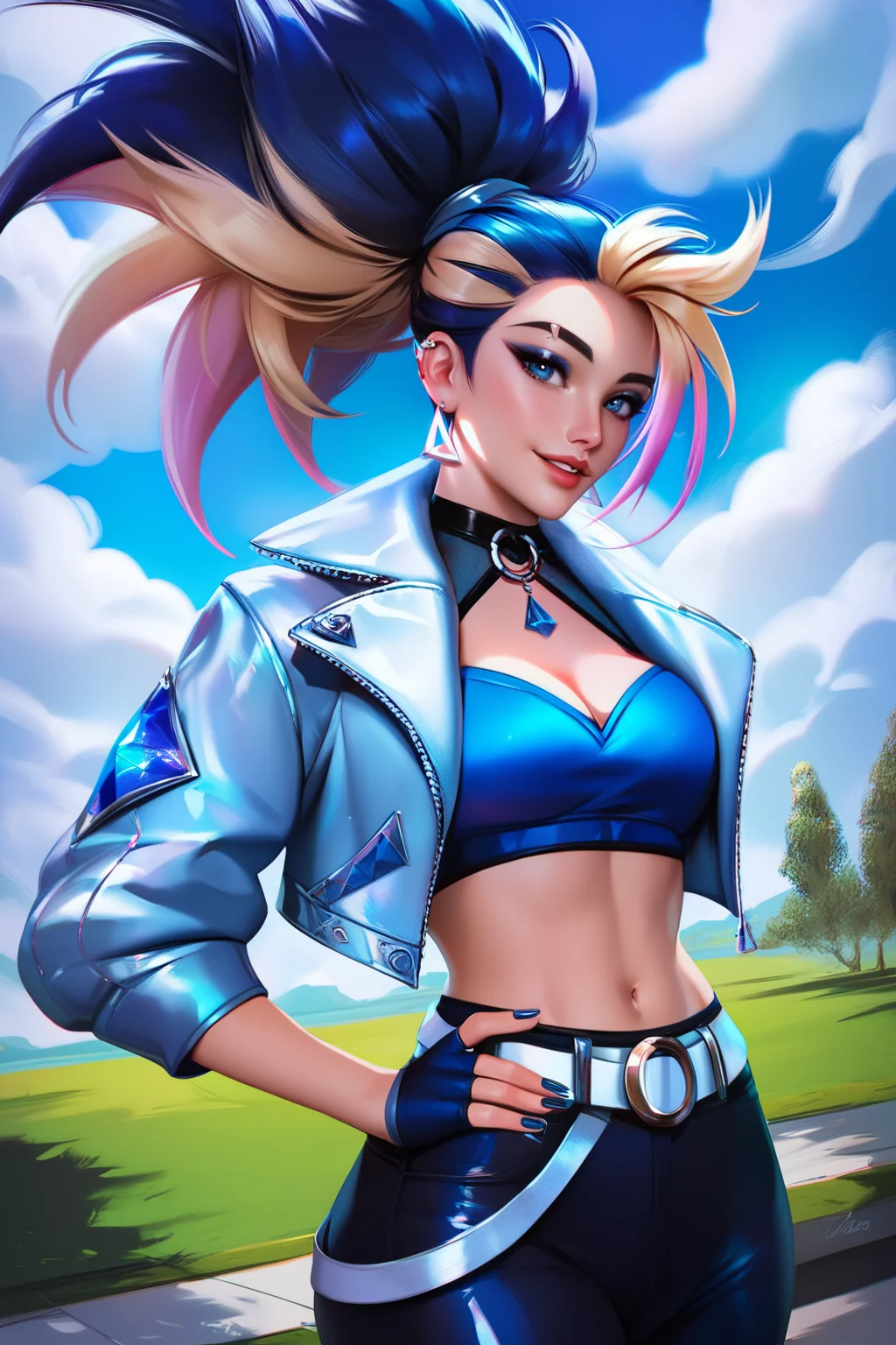 score_9, score_8_up, score_7_up, masterpiece, high quality,beautiful eyes, beautiful girl, high detail skin, high detail eyes, high detail hair, highres, ultra detailed, sharpen picture, Highly detailed, masterpiece, best quality
<lora:KDAAkaliPonyLora:1> Allout, 1girl, long hair, multicolored hair, ponytail, blue eyes, earrings, choker, crop top, crop jacket, fingerless gloves, midriff, belt, pants, makeup, nail polish, eyebrow cut, walking in a park, tress, sky, clouds, smile