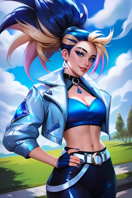 score_9, score_8_up, score_7_up, masterpiece, high quality,beautiful eyes, beautiful girl, high detail skin, high detail eyes, high detail hair, highres, ultra detailed, sharpen picture, Highly detailed, masterpiece, best quality
<lora:KDAAkaliPonyLora:1> Allout, 1girl, long hair, multicolored hair, ponytail, blue eyes, earrings, choker, crop top, crop jacket, fingerless gloves, midriff, belt, pants, makeup, nail polish, eyebrow cut, walking in a park, tress, sky, clouds, smile