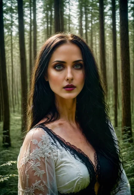 safe_pos, novuschroma74 style, Amalie, woman in mystical forest, sensual, perfect photo, professional photo, high quality, award art photo, woman with black long hair, forest with purpule trees, perfect face, open green eyes, detailed eyes, perfect eyes, bloody horror, blood in eyes, Amalie