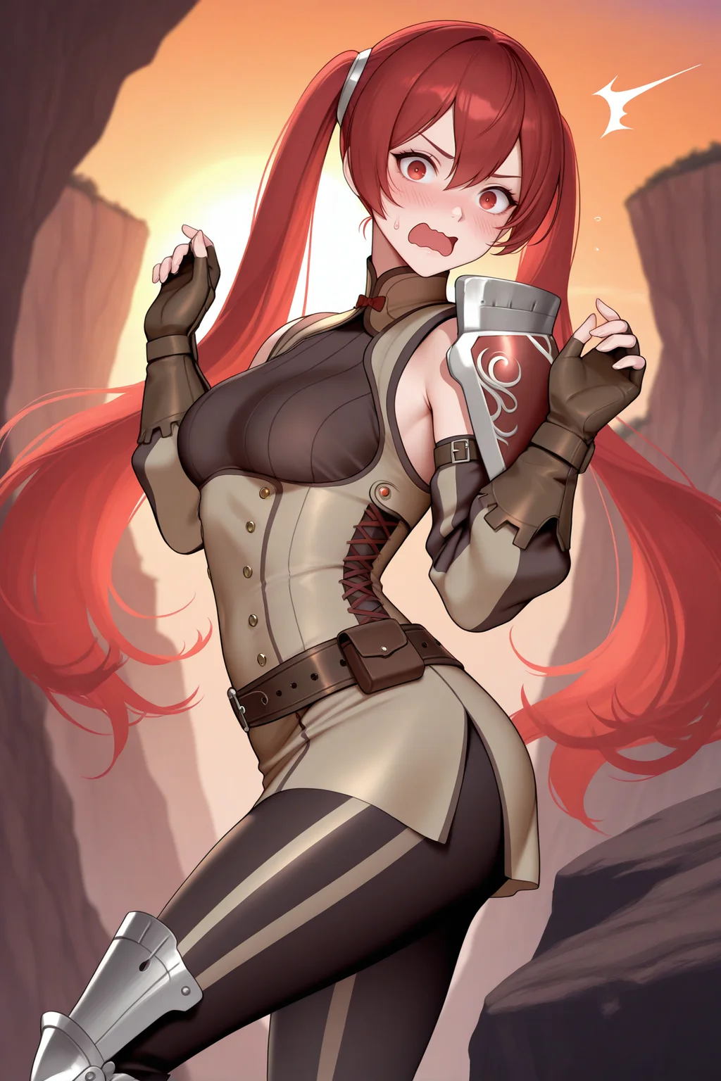 masterpiece, best quality, 1girl, solo, <lora:fesevera-illu-nvwls-v1-000006:1> serabase, red hair, twintails, very long hair, hair between eyes, red eyes, light brown dress, short dress, black sweater, sleeveless dress, detached sleeves, light brown sleeves, brown belt, fingerless gloves, brown gloves, single pauldron, black leggings, striped leggings, armored boots, open mouth, shocked, wavy mouth, hands up, embarrassed, sweatdrop, sunset, looking at viewer, from side, cliff