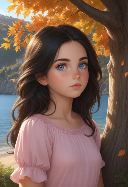 (photorealism:1.5)
child female princess, young child princess, thoughtful expression, gazing at the majestic tree, falling leaves, calm coastal village in the background, warm sunlight, vibrant colors, high contrast, hyper-realistic, serene atmosphere, pensive pose, detailed, high-definition, reflective mood, peaceful setting, long black hair, blue eyes, young face,
slight freckles, long eyelashes, thick eyebrows, cute princess dress, pink dress,