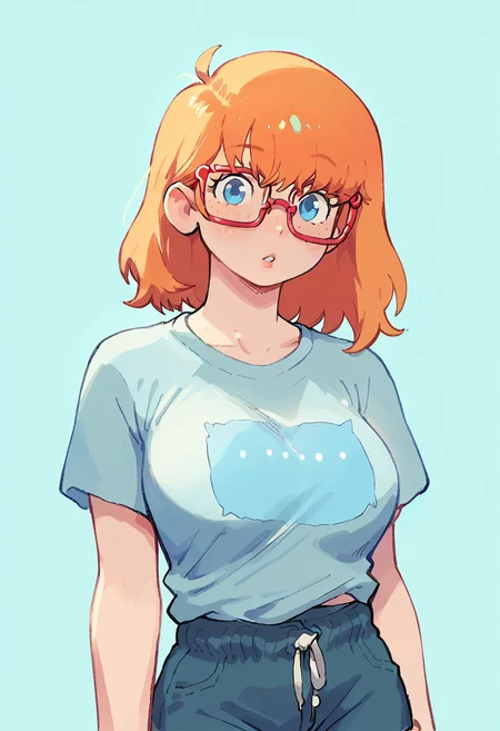score_9, score_8_up, score_7_up, score_6_up, source_cartoon, 1girl, solo, 
 sexy hips, shiny skin, 
ritacolo, thin  glasses, short orange hair, blue eyes, light freckles, pudgy, huge breasts, loose light blue t-shirt, shorts, looking at viewer, furrowed brow, parted lips
 upper body, close up, blank background
