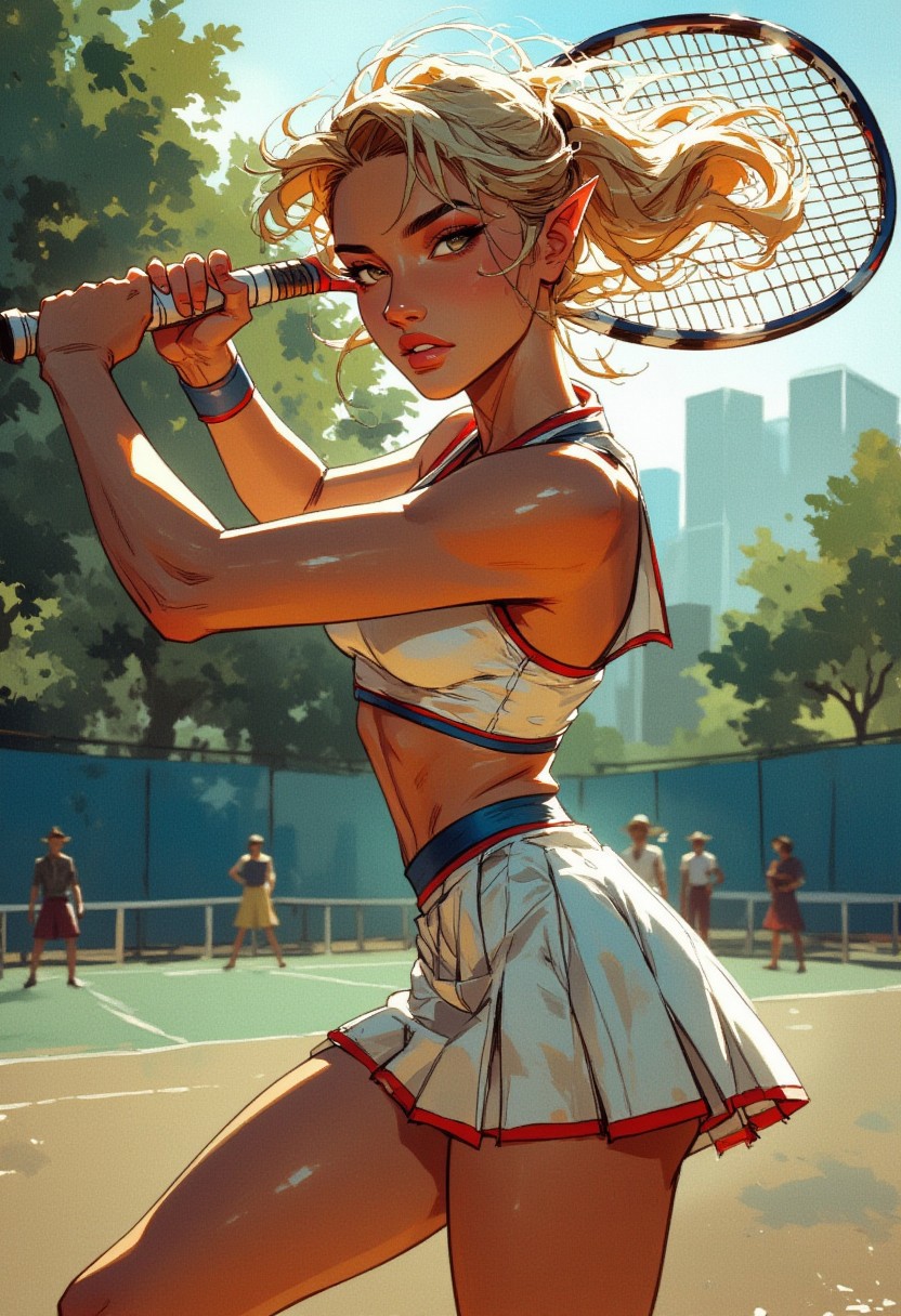 a sexy elven woman with light tanned skin, swinging a tennis racket. she wears a pleated skirt and a top, the garments are white with red and blue trims. her blond messy hair is styled as ponytail, emphasizing her pointy ears. she is focused and in full motion, swinging her racket. the action shot, depicts her upper body and focuses her eyes. the tennis court background is out of focus and motion blur enhance the dynamic scene. the midday sun casts soft lighting and shadows, highlight her details and clothing textures. the atmosphere is sophisticated and sportsmanlike, combined with female elegance. the image is highly detailed, realistic and intricate.