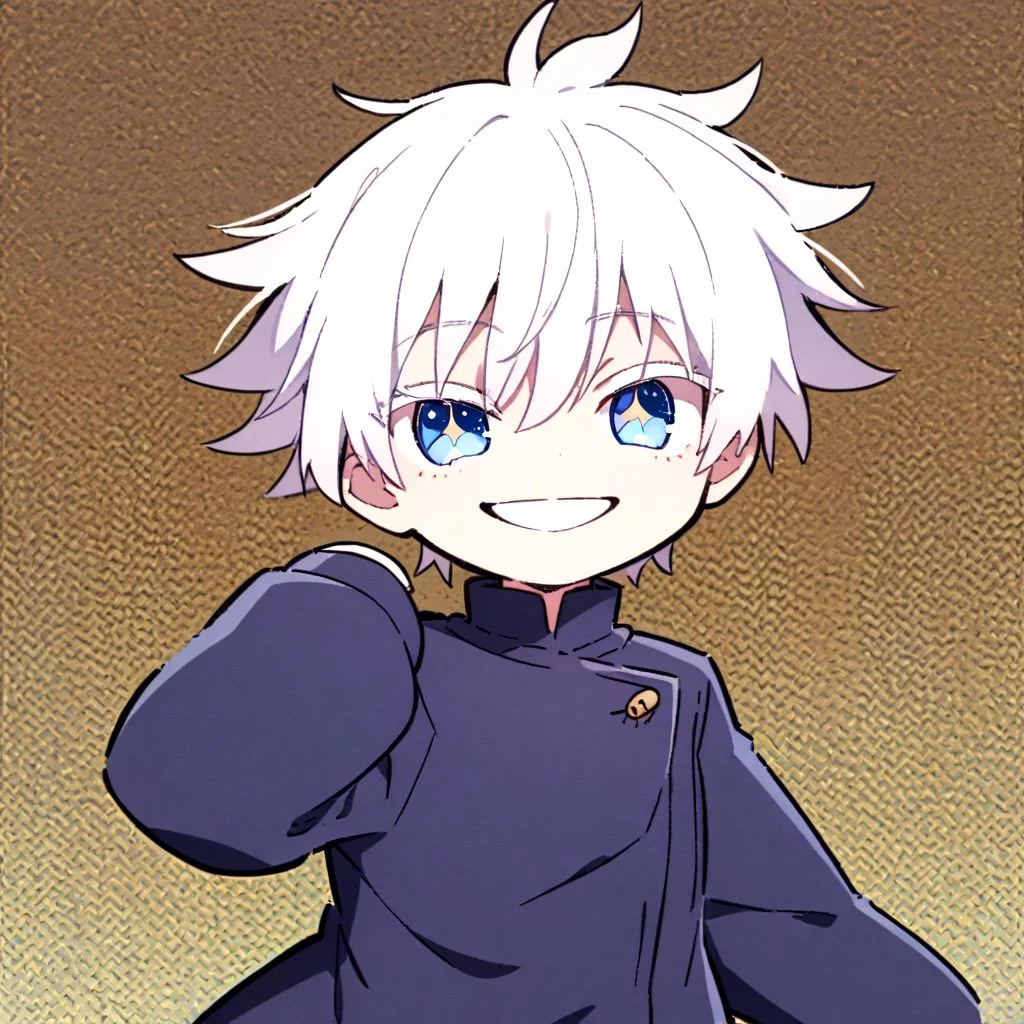 1 boy, gojou satoru, from jujutsu kaisen, chibi art style, anime, white hair, bright blue eyes, sparkling eyes, white eyelashes, smiling, detailed hair, detailed face, detailed eyes, detailed clothes, detailed skin, ultra-detailed, (full body), (upper body), (top quality), pop art, extremely detailed, extremely detailed CG, (high resolution), highly detailed, (high quality), (perfect quality), (g