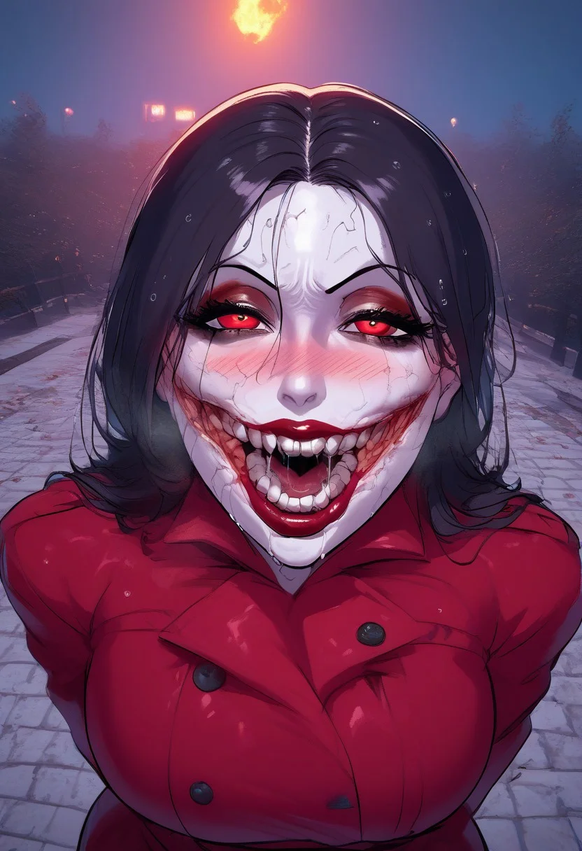 MAIDOLL,
score_9, score_8_up, score_8, anime style, source_anime,
BREAK,
1girl ,solo, beautiful mature female, gilf, voluptuous, curvy, looking at viewer, masterpiece, high detailed skin, mature female, motherly, character focus, depth of field,, curvy, EyesHD,
Kuchisakexl,red eyes,long black hair,big lips,open mouth,saliva, red trench coat,
wide grin, grin, teeth, laughing, , horror \(theme\), blood on face, pale skin,
,hips, waist, thighs,
outdoors, , night, neon,night
,seductive smile, sultry, ,blush, sweaty, wet hair,
,makeup, eyeliner, smoky eyeshadow,
(pinup pose, dynamic pose, upper body, seductive pose, dynamic angle, dutch angle, waist, leaning forward, sitting, dynamic action photos, from above,
,cinematic, masterpiece, best quality, ultra-detailed, very aesthetic, high res,
, pureerosface_v1, Expressiveh, intricate_details_xl,