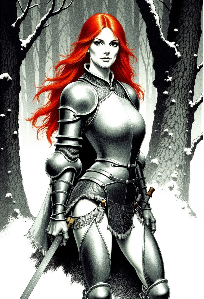 black and white pencil drawing, frazetta sketch,  a young woman with pale skin and bright red hair, wearing heavy steel knight armor, in a snowy dark forest