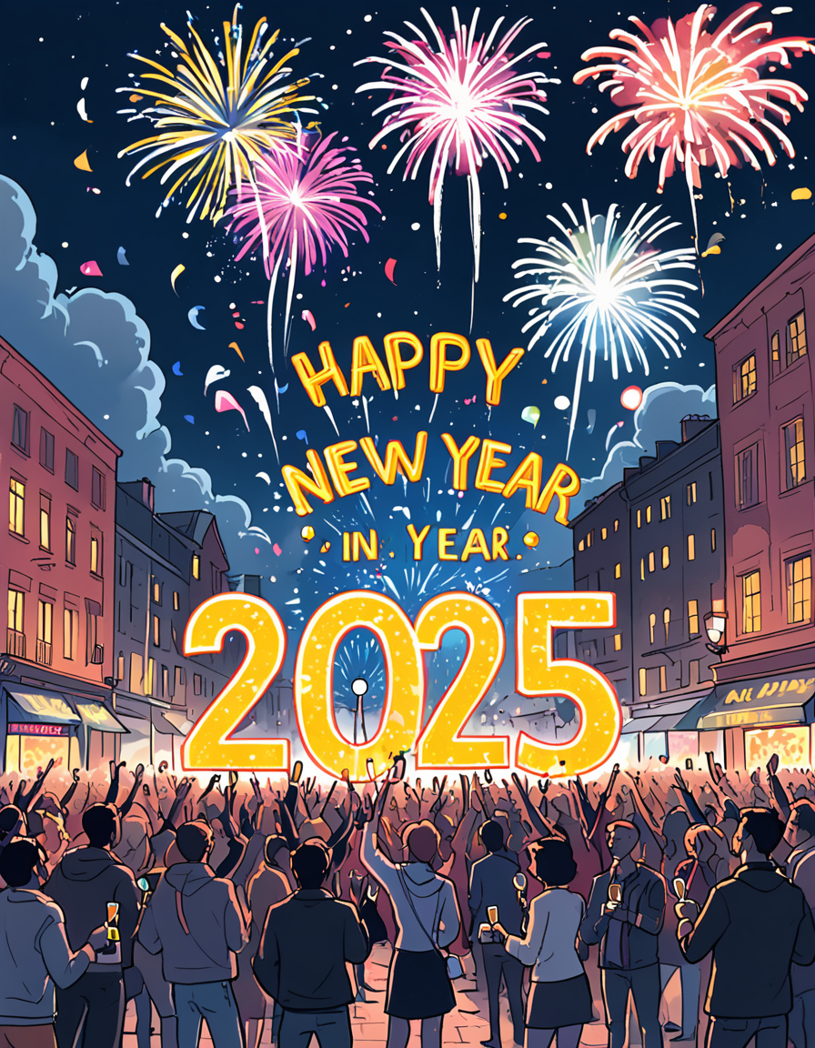positiv Clip L:
   ink, illustration, celebration scene, with fireworks lighting up the night sky in vivid colors, a cheerful crowd gathered in a festive urban square, people holding sparkling champagne glasses, 'Happy New Year 2025' displayed in glowing letters, a joyful and optimistic atmosphere, ultra-detailed comic book style, with dynamic lighting and a polished festive aesthetic.
positiv Clip G:
   ink, illustration, celebration scene, with fireworks lighting up the night sky in vivid colors, a cheerful crowd gathered in a festive urban square, people holding sparkling champagne glasses, 'Happy New Year 2025' displayed in glowing letters, a joyful and optimistic atmosphere, ultra-detailed comic book style, with dynamic lighting and a polished festive aesthetic.