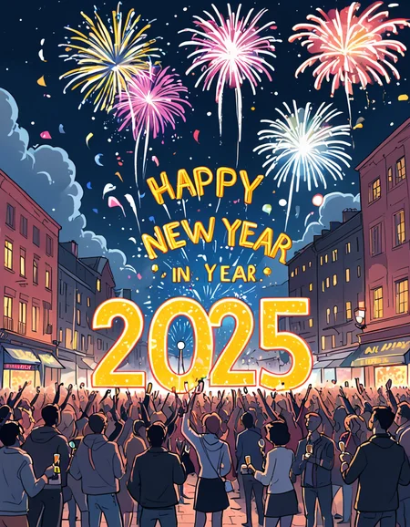 positiv Clip L:
   ink, illustration, celebration scene, with fireworks lighting up the night sky in vivid colors, a cheerful crowd gathered in a festive urban square, people holding sparkling champagne glasses, 'Happy New Year 2025' displayed in glowing letters, a joyful and optimistic atmosphere, ultra-detailed comic book style, with dynamic lighting and a polished festive aesthetic.
positiv Clip G:
   ink, illustration, celebration scene, with fireworks lighting up the night sky in vivid colors, a cheerful crowd gathered in a festive urban square, people holding sparkling champagne glasses, 'Happy New Year 2025' displayed in glowing letters, a joyful and optimistic atmosphere, ultra-detailed comic book style, with dynamic lighting and a polished festive aesthetic.