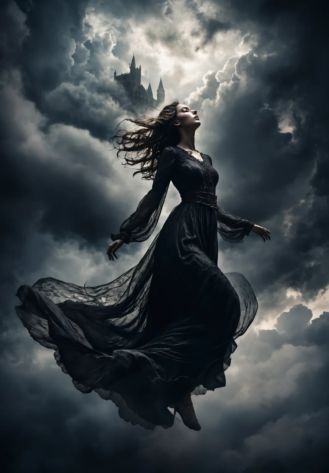 Gothic art, dark tones, intricate details, dramatic lighting, high contrast, medieval influence, mysterious, atmospheric, moody, haunting beauty, sharp shadows, textured, ethereal woman floating in the clouds, expressive face, flowing dress, dynamic pose