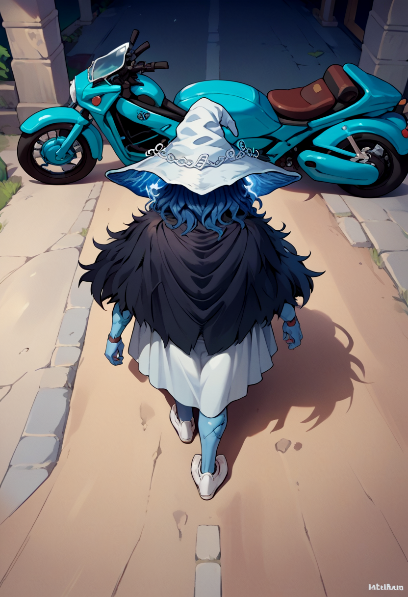 score_9, score_8_up, score_7_up, source_anime, akiraposter, logo, from above, from behind, solo, 1girl, ranni the witch, elden ring, blue skin, extra arms, walking, witch hat, black cape, ground vehicle, motorcycle <lora:concept_akiraposter_ponyXL:1>