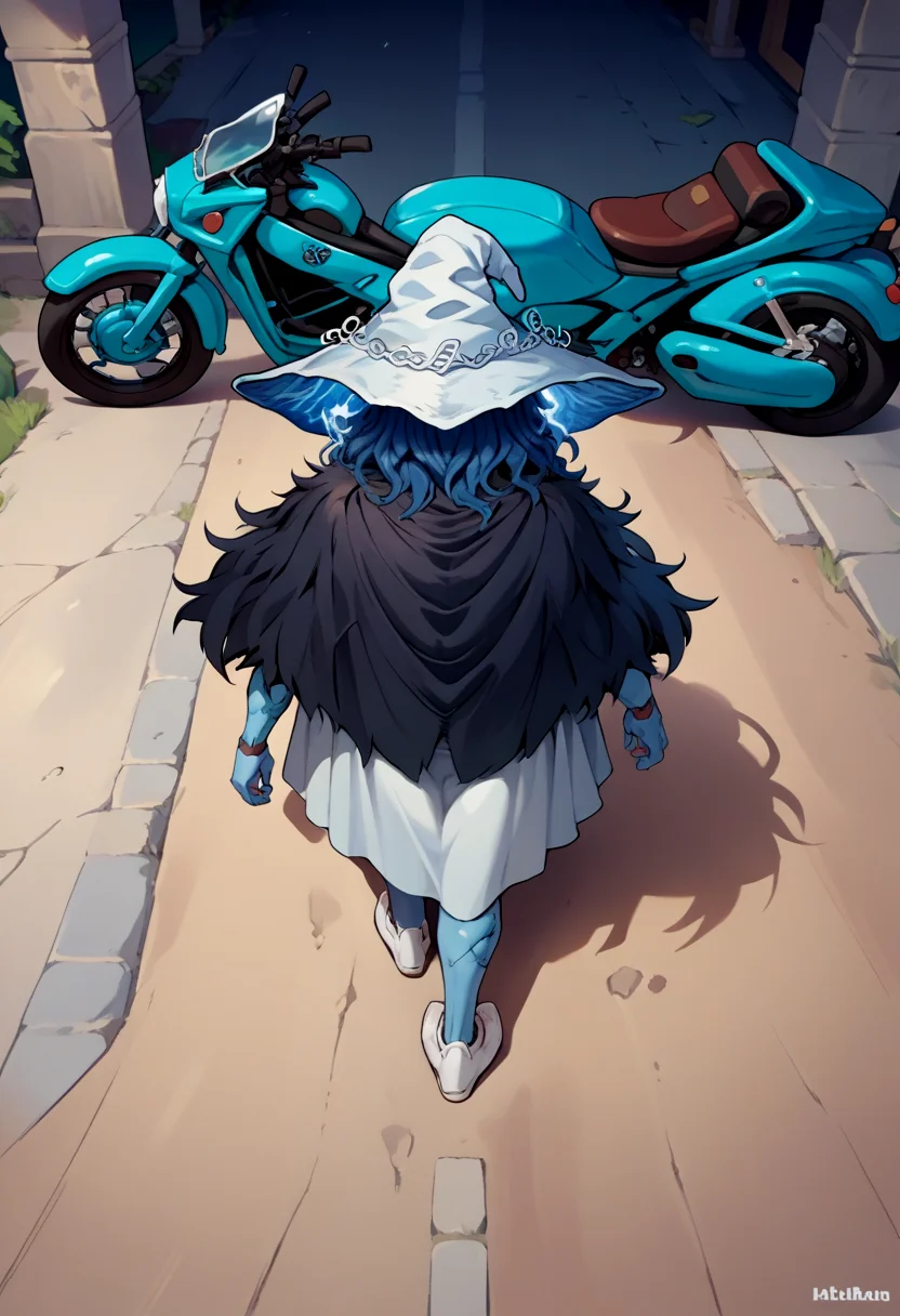 score_9, score_8_up, score_7_up, source_anime, akiraposter, logo, from above, from behind, solo, 1girl, ranni the witch, elden ring, blue skin, extra arms, walking, witch hat, black cape, ground vehicle, motorcycle <lora:concept_akiraposter_ponyXL:1>
