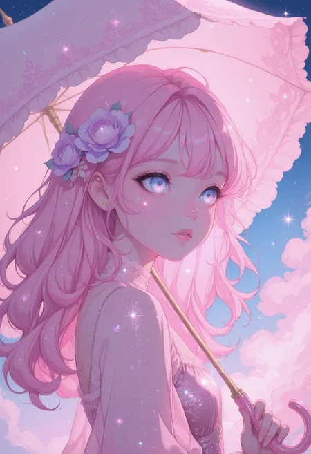 solo, young woman, flowing pink hair, small stars in hair, glitter, lace dress, pastel blue, lilac hues, pastel pink parasol, twinkling eyes, pink glitter, gold glitter, starlit sky masterpiece, best quality, amazing quality, newest, <lora:PinkieSoftcoreAnimeIL:1>, pinksoftcoreanime,