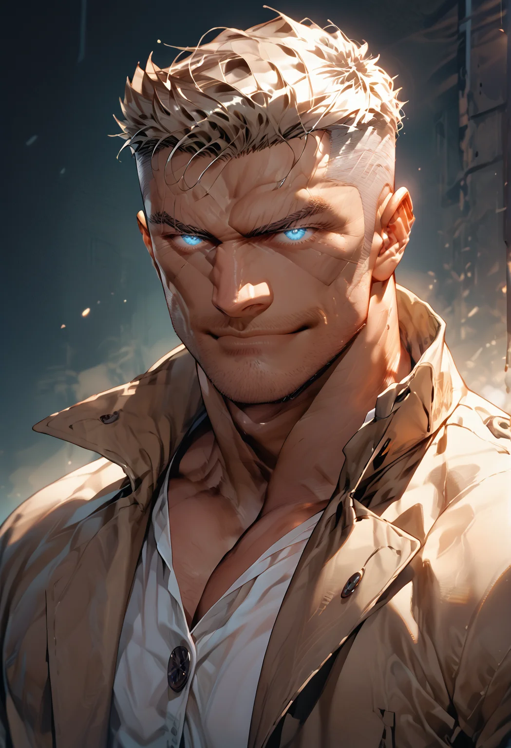 score_9, score_8_up, score_7_up, score_6_up, score_5_up, score_4_up, zPDXL3, 1boy, james461, frontal view, solo, western comic style, bara, handsome, muscular, heavily built, chiseled, dashing smirk, close up, headshot, portrait, very short crew cut hair, glowing eyes, high collar trench coat, white button up shirt unbuttoned, light blue eyes, shaved sides, (medium blond hair):1.5, light stubble, light freckles, thick neck, muscular, lineart, flat color, masculine,looking at viewer, dark theme, low light, <lora:MGS_V2_Pony:0.3> <lora:Bara_Niji_Style_for_Pony:0.55> <lora:James-461-000006:0.8>