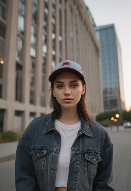 30yo woman posing for pic in front of tall building.
Blue eyes. perfecteyes 
Wearing ripped Denim jacket red trucker hat
no makeup. Clear skin.  realistic skin style
Long dark black slick back hair. No makeup. Dusk, Street light. Looking at camera POV. Slight smile, tilting head.. Tilt head.
Medium Close Up shot. Bokeh. Bokeh light.