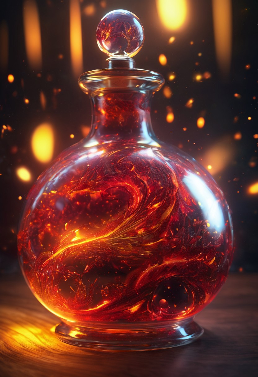 Score_9, Score_8, high_def, highest quality, 4k, best quality, masterpiece, focused, defined, Photorealistic magic potion, intricate glass bottle, elixir, vibrant yellow and red colors, ethereal light, flashy lights, magic lights, luminous, dynamic reflections, magical aura, highly detailed, fantasy essence, glowing particles, radiant aura